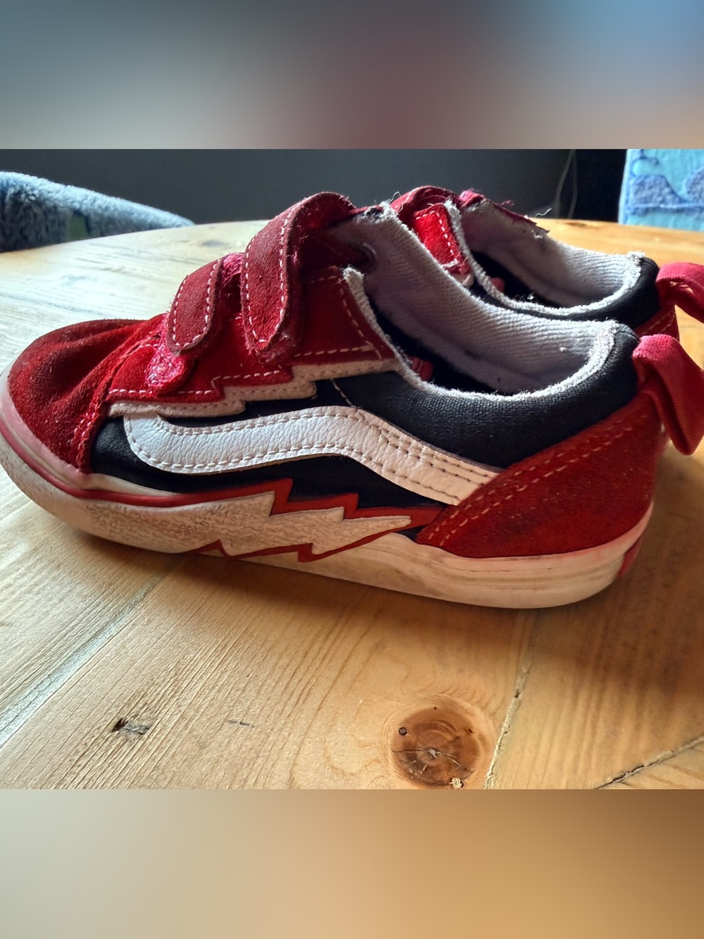 Vans Toddler Red, Black & White Velcro Lightning Skate Sneakers